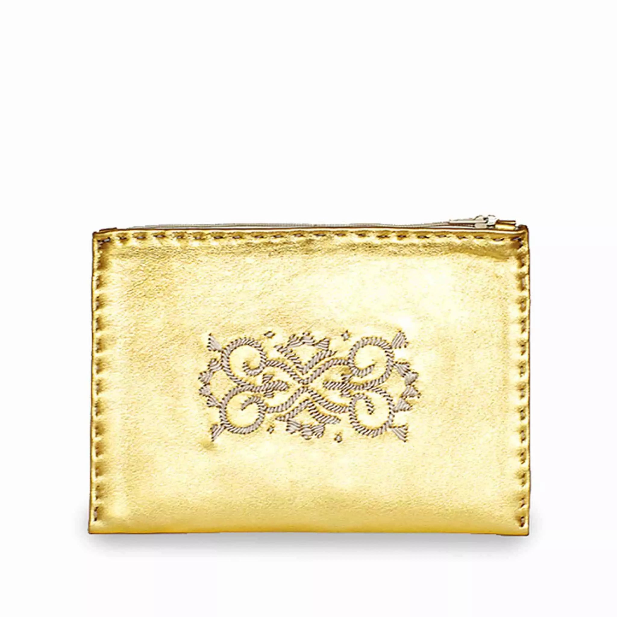 Grünes Ledertäschchen mit Stickerei #farbe_gold