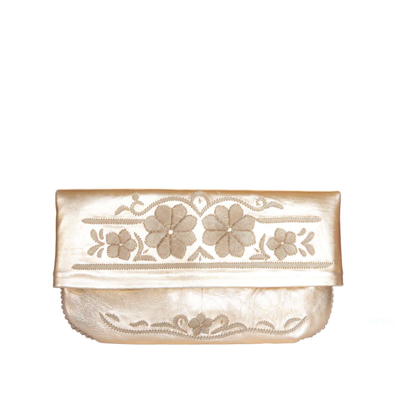 Vorderseite der goldenen ABURY Flower Power Clutch mit handgestickten Blumenmotiven