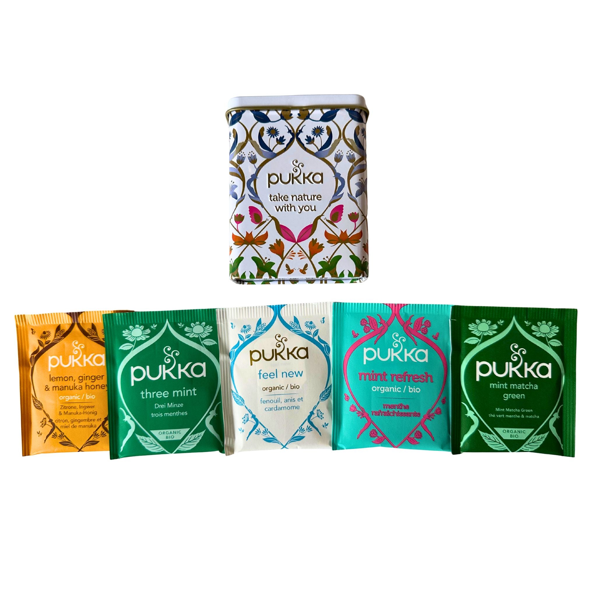 Weihnachts-Geschenkset: Windlicht, Lederpouch, Tee & handbemalte Postkarte