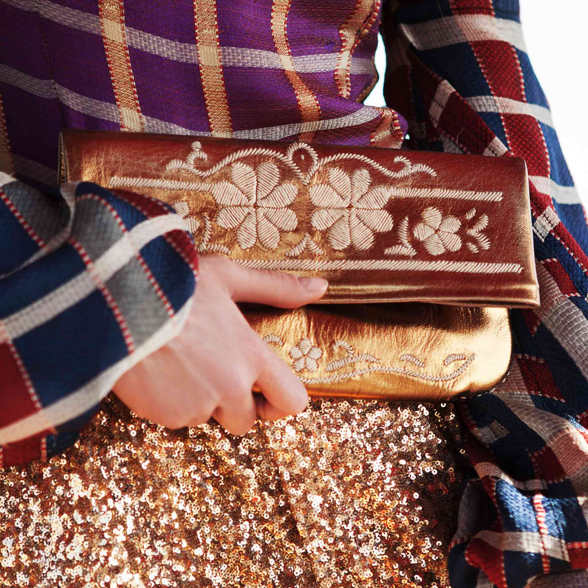 front view bronze and beige abury floral leather clutch bag