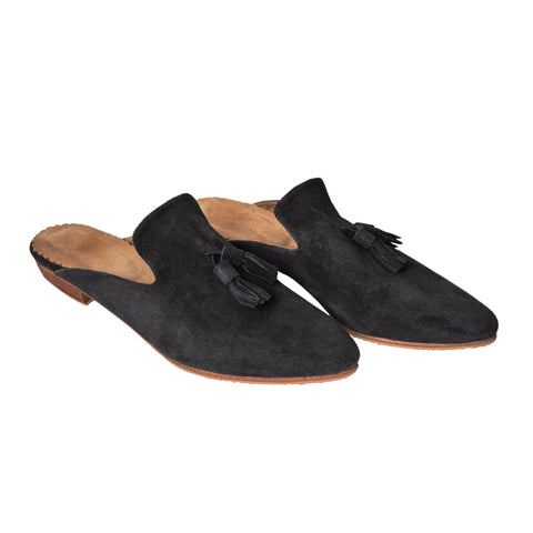 Suede Leather Pompom Mules in Brown