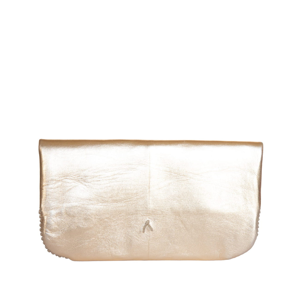back view gold and beige coloured floral abury leather clutch bag