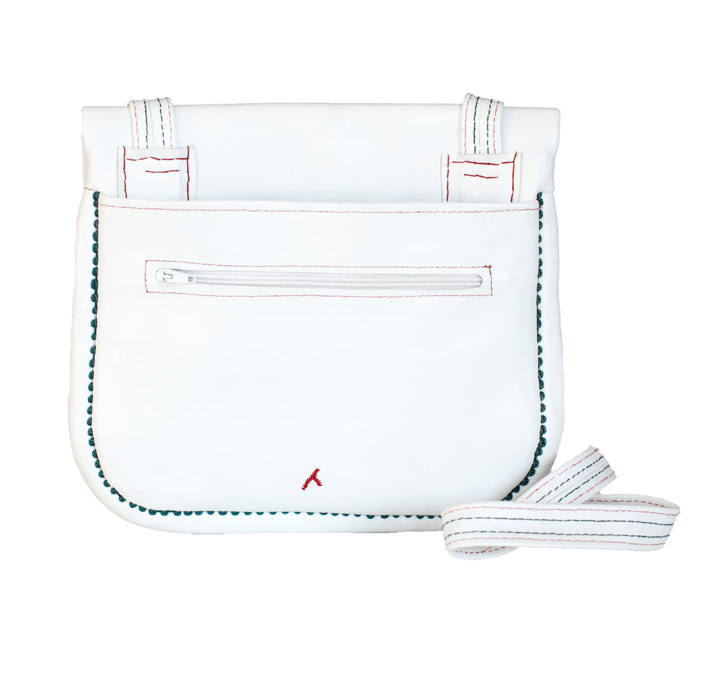 Back view of Leather berber bag in white, red and green by ABURY