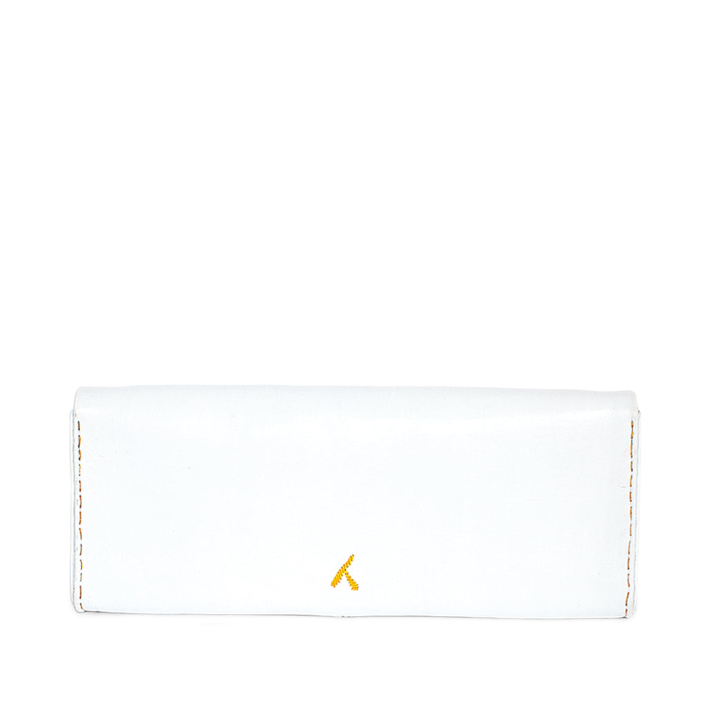 back view of handmade abury white and yellow leather clutch bag
