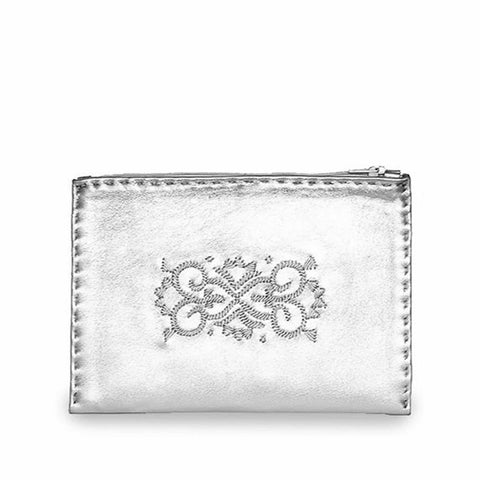 Embroidered Leather Coin Wallet in White, Silver
