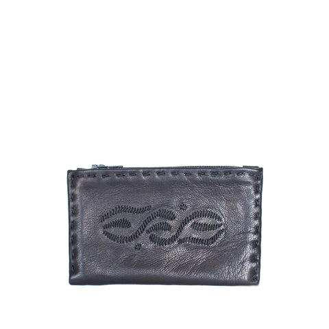 Embroidered Leather Pouch in Dark Brown, Beige