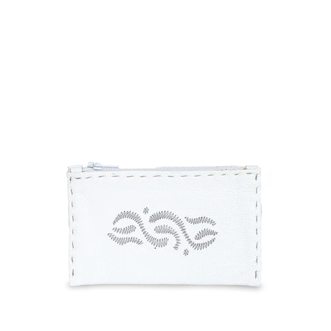 Embroidered Leather Pouch in Silver