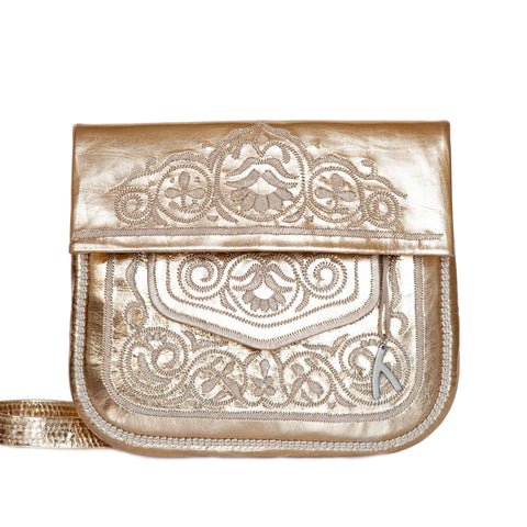 Embroidered Leather Berber Bag in White, Beige