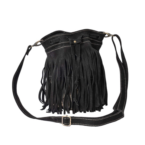 "Delia" Suede Leather Fringe Bucket Bag in Dark Blue