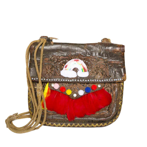 Embroidered Leather Berber Bag in Gold, Beige