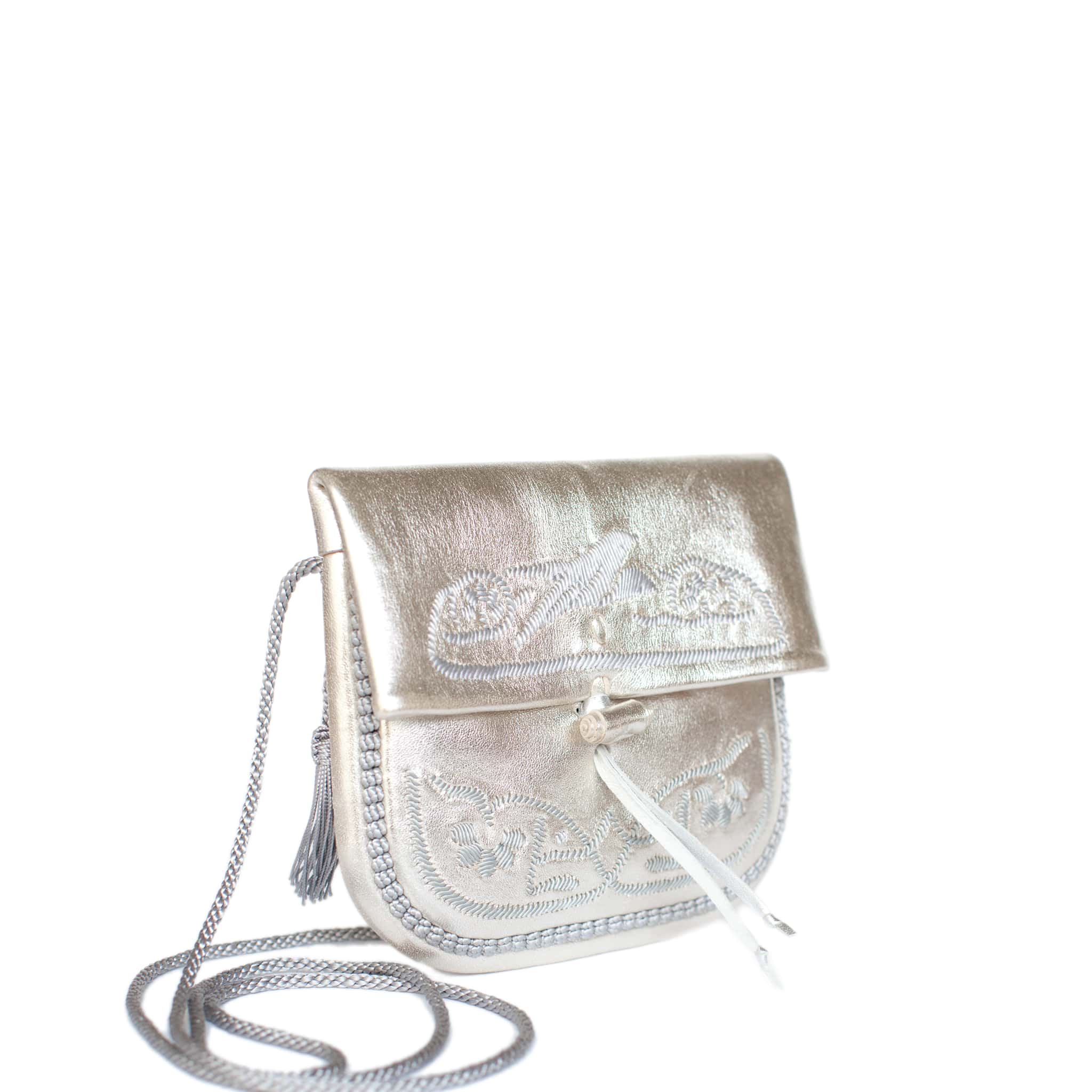 side view of silver embroidered ABURY Leather Mini Berber Shoulder Bag#farbe_silber