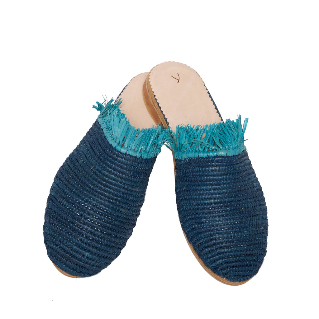 side view abury blue raffia summer slippers with fringes