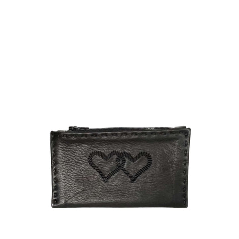 Embroidered Leather Coin Wallet in Red, Black