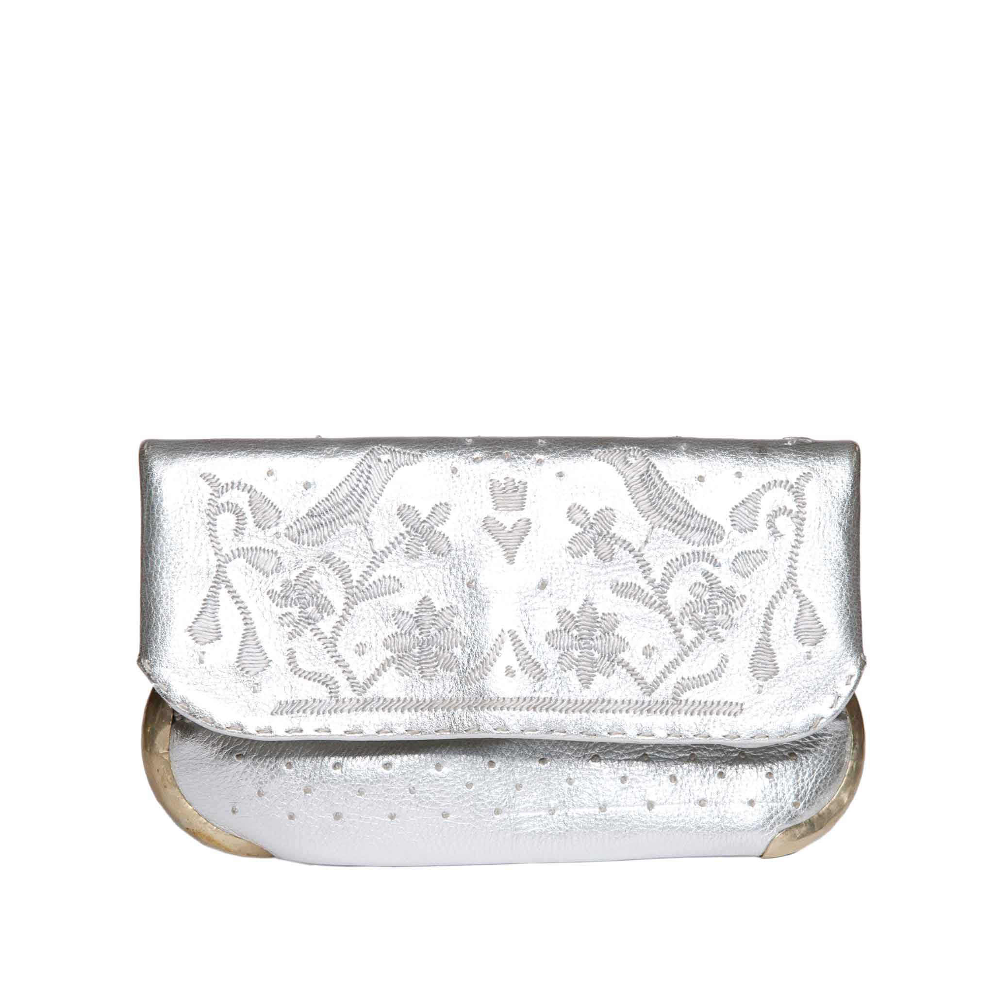 front view handmade silver abury lovebirds clutch bag
