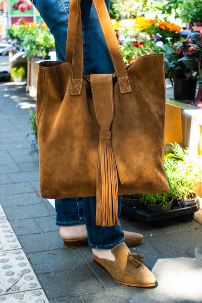 Handmade Agnes Suede Leather Tote Bag in Brown by ABURY