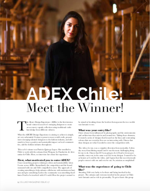 ELUXE MAGAZINE ISSUE 17 JANUARY 2019 ABURY DESIGN EXPERIENCE ADEX 2018 PATRICIA QUIROGA LOPEZ HANDMADE CHILEAN FASHION ALPACA WOOL