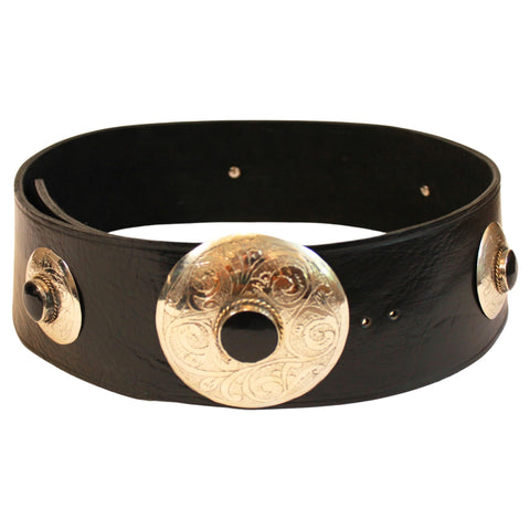 Black Leather Belt with Green Metal Details