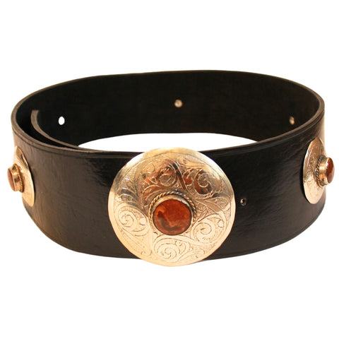 Black Leather Belt with Red Metal Details