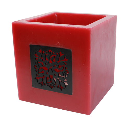 Embroidered Leather Pouf in Red