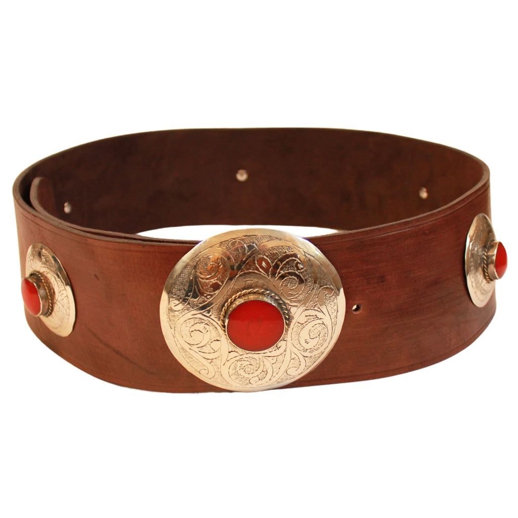 Brown Leather Belt with Red Metal Details