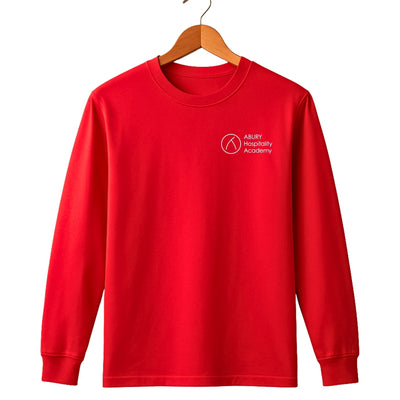 Rotes Langarmshirt mit ABURY Hospitality Academy Logo