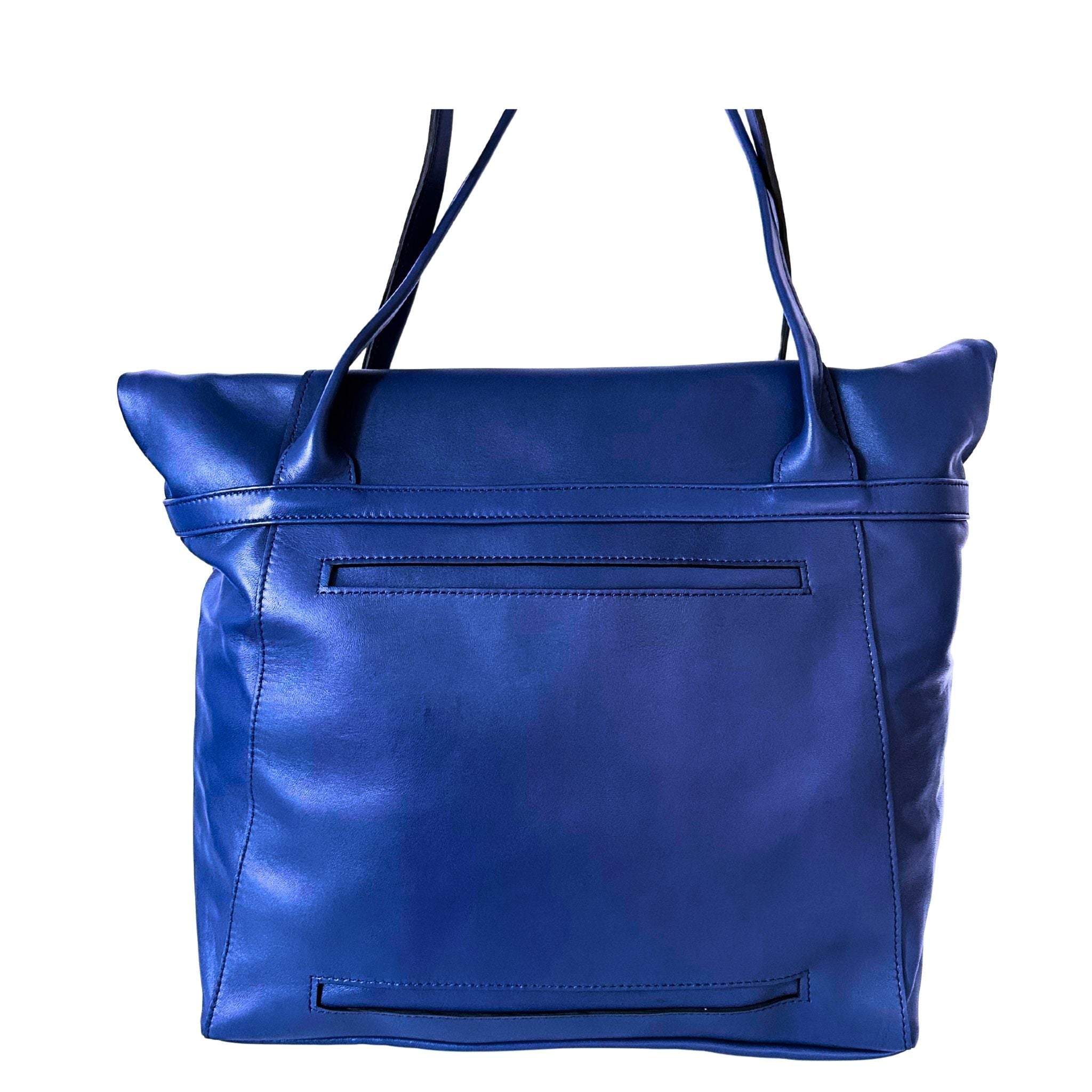 Rückseite von der blauen ABURY Shopper Tasche aus Leder 