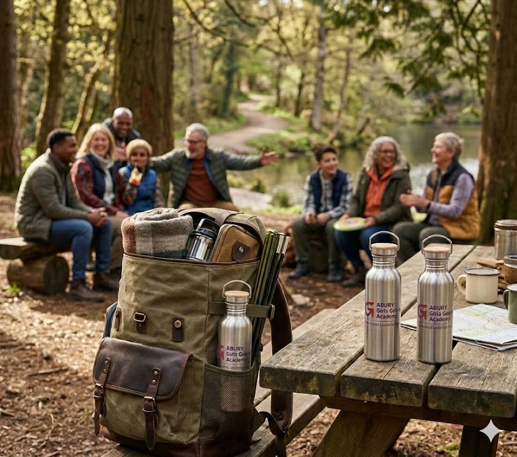 Ausflugsgruppe im Wald mit ihren „ABURY Girls Gearing Up Academy”-Edelstahltrinkflaschen auf dem Tisch.