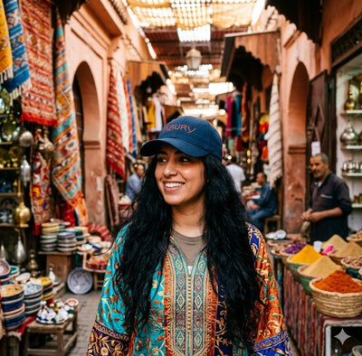Eine Frau mit einem dunkelblauen Cap mit ABURY-Stick in der Medina von Marrakesch.