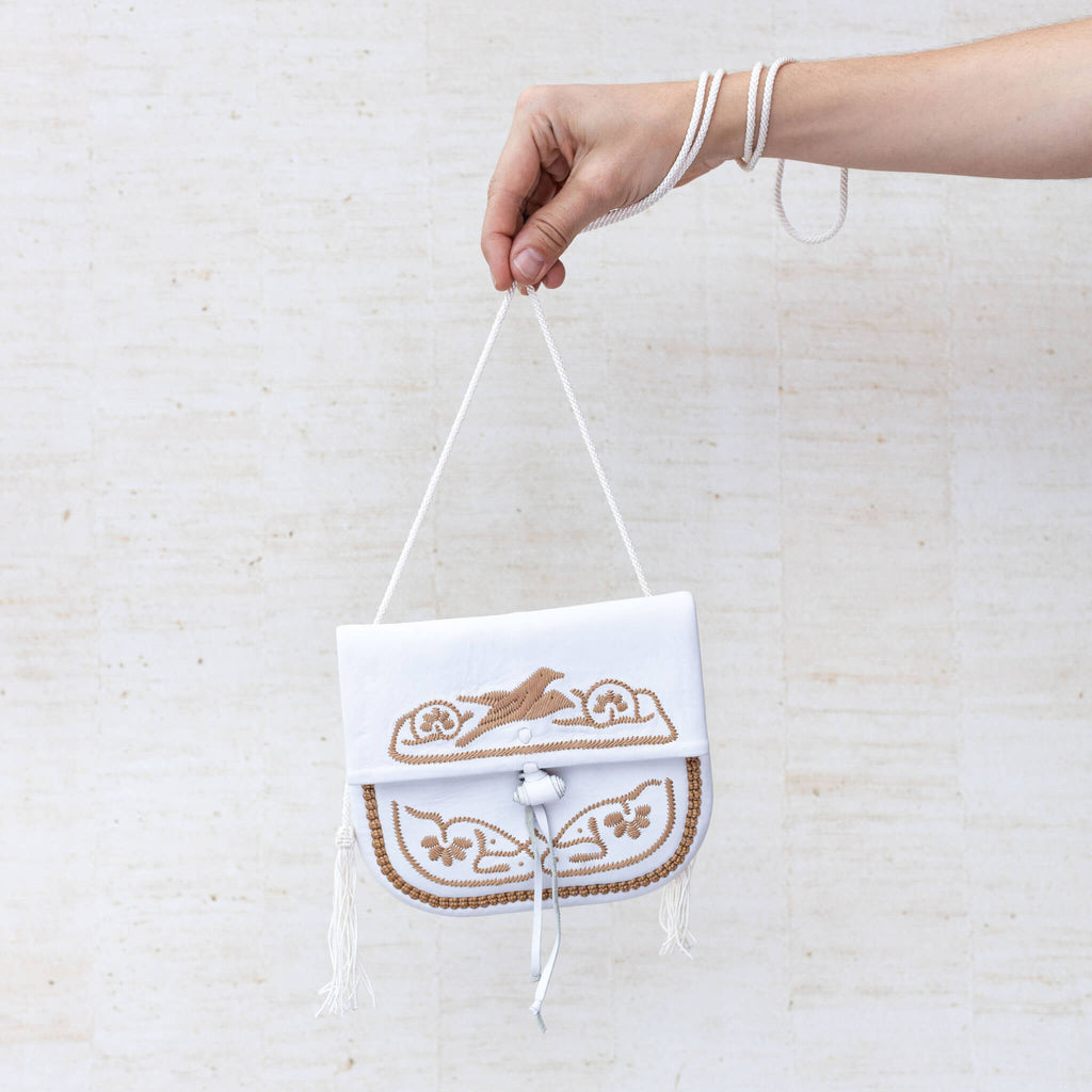 Embroidered Mini Crossbody Bag in White, Beige