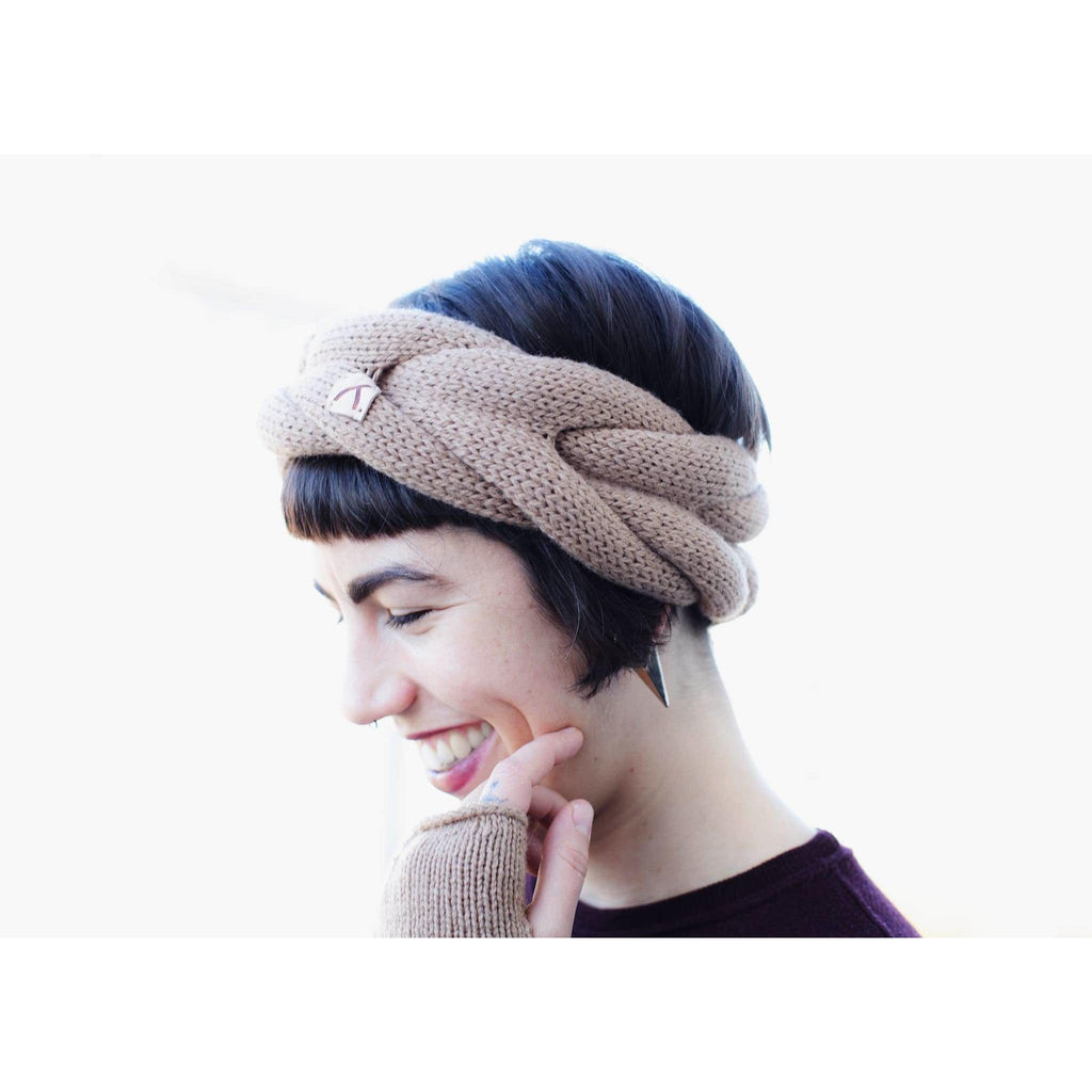 model wearing sand Alpaca Wool Headband and finger-less gloves