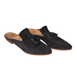 Suede Leather Pompom Mules in Black