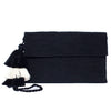 front view black abury cotton clutch bag with tassel
