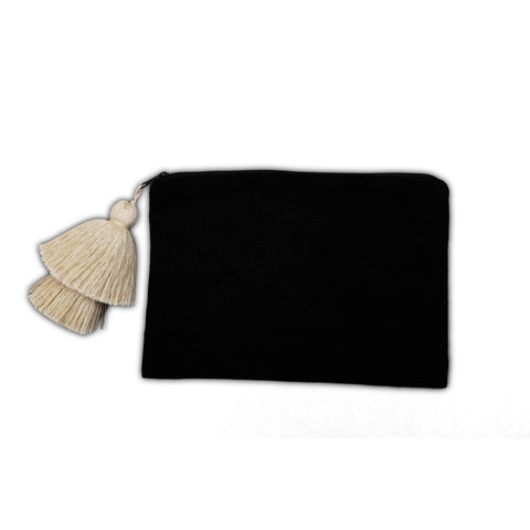 Thin Striped Cotton Pouch with Tassel in Black, Cream