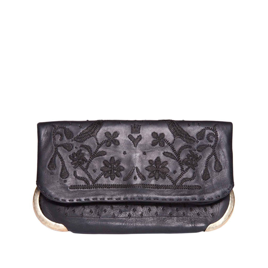 front view sustainable abury black lovebirds clutch bag