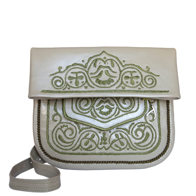 Embroidered Leather Berber Bag in Khaki