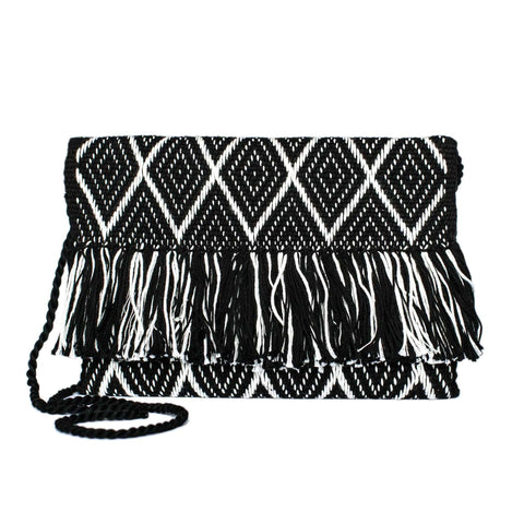 Cotton Clutch Bag in Black with Black and White Tassel