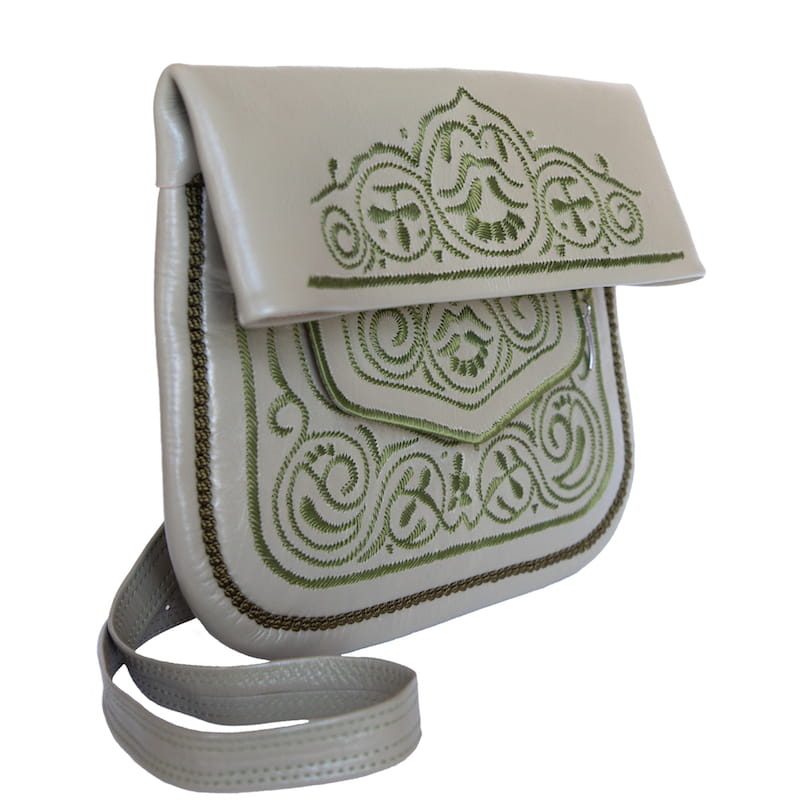 Embroidered Leather Berber Bag in Khaki