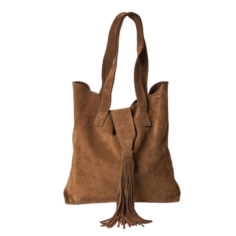 "Sanna" Suede Leather Mini Fringe Bag in Brown