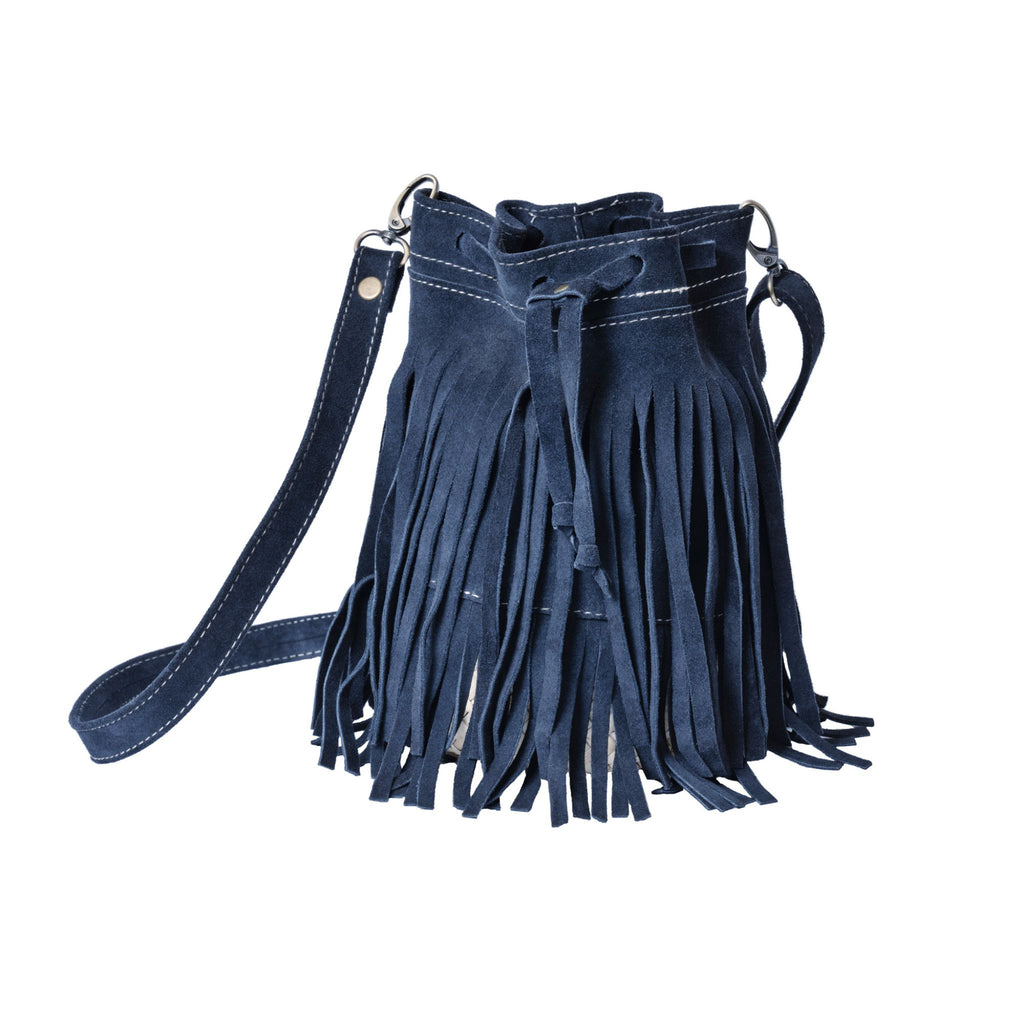 Delia Suede Leather Fringe Bucket Bag in Light Blue