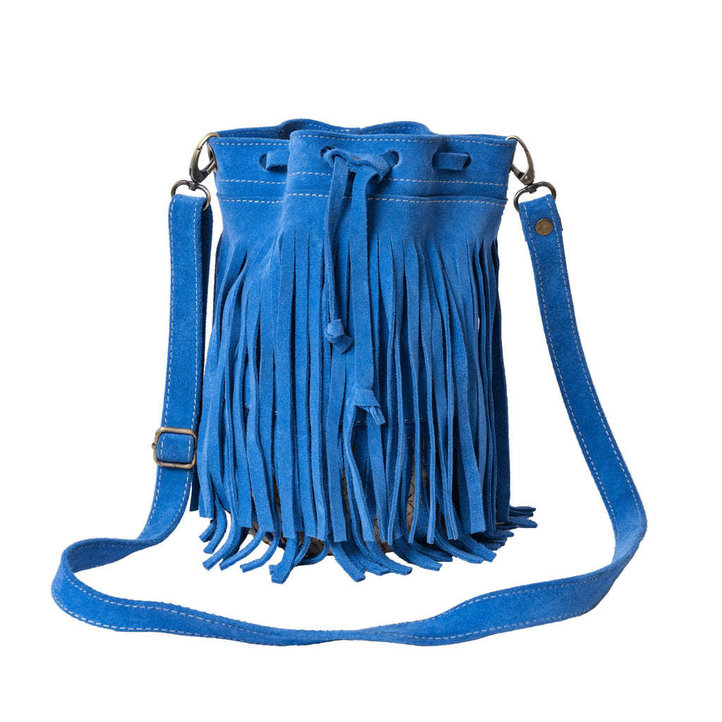 Delia Suede Leather Fringe Bucket Bag in Light Blue