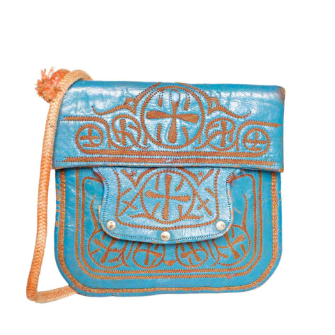 Embroidered Leather Berber Bag in Green, Blue