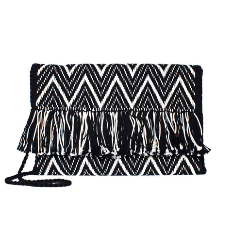 Cotton Clutch Bag in Black with Black and White Tassel