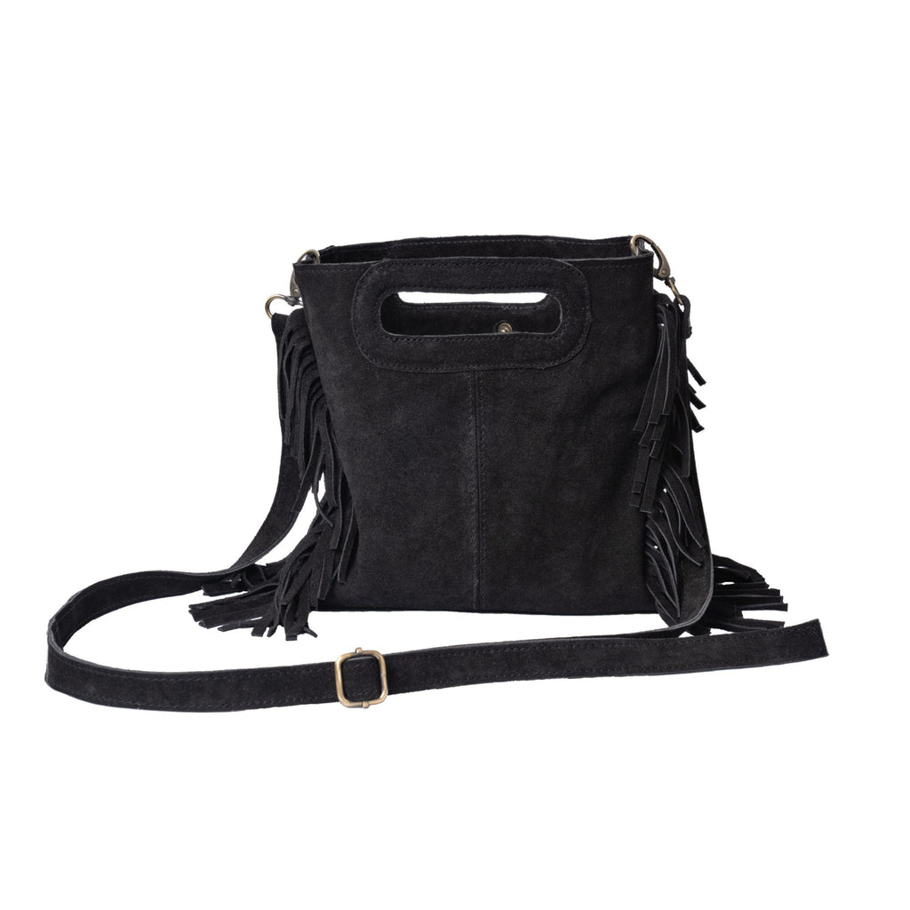 Handmade Sanna Suede Leather Mini Fringe Bag in Black by ABURY
