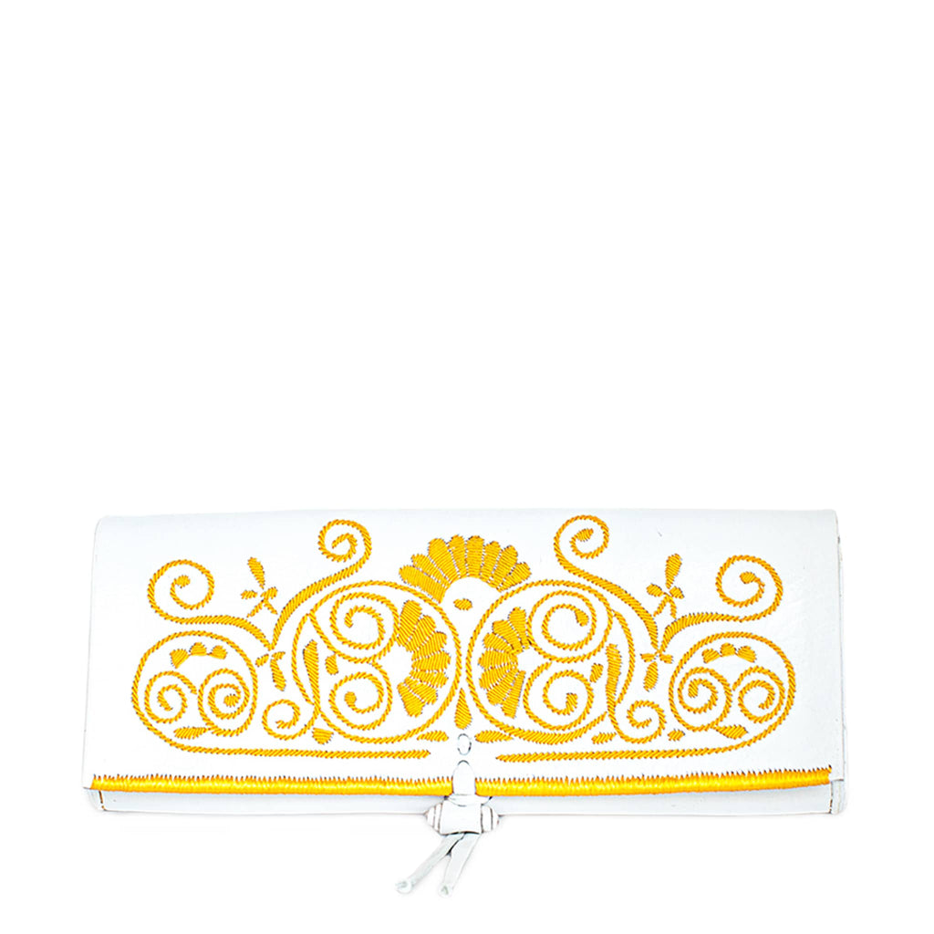 front view of ethically handmade abury white and yellow leather clutch bag