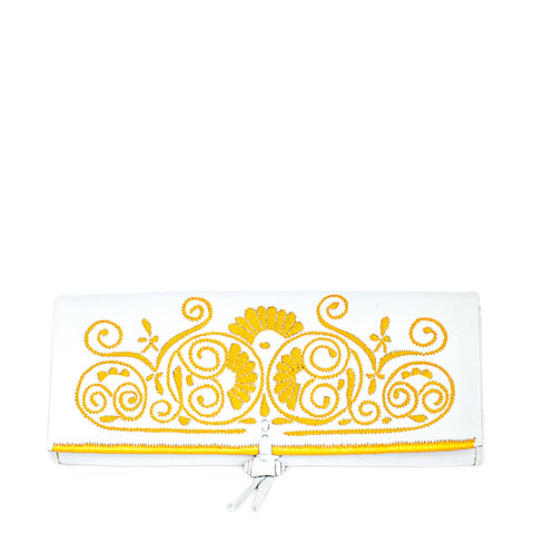 Embroidered Leather Clutch Bag in White, Black