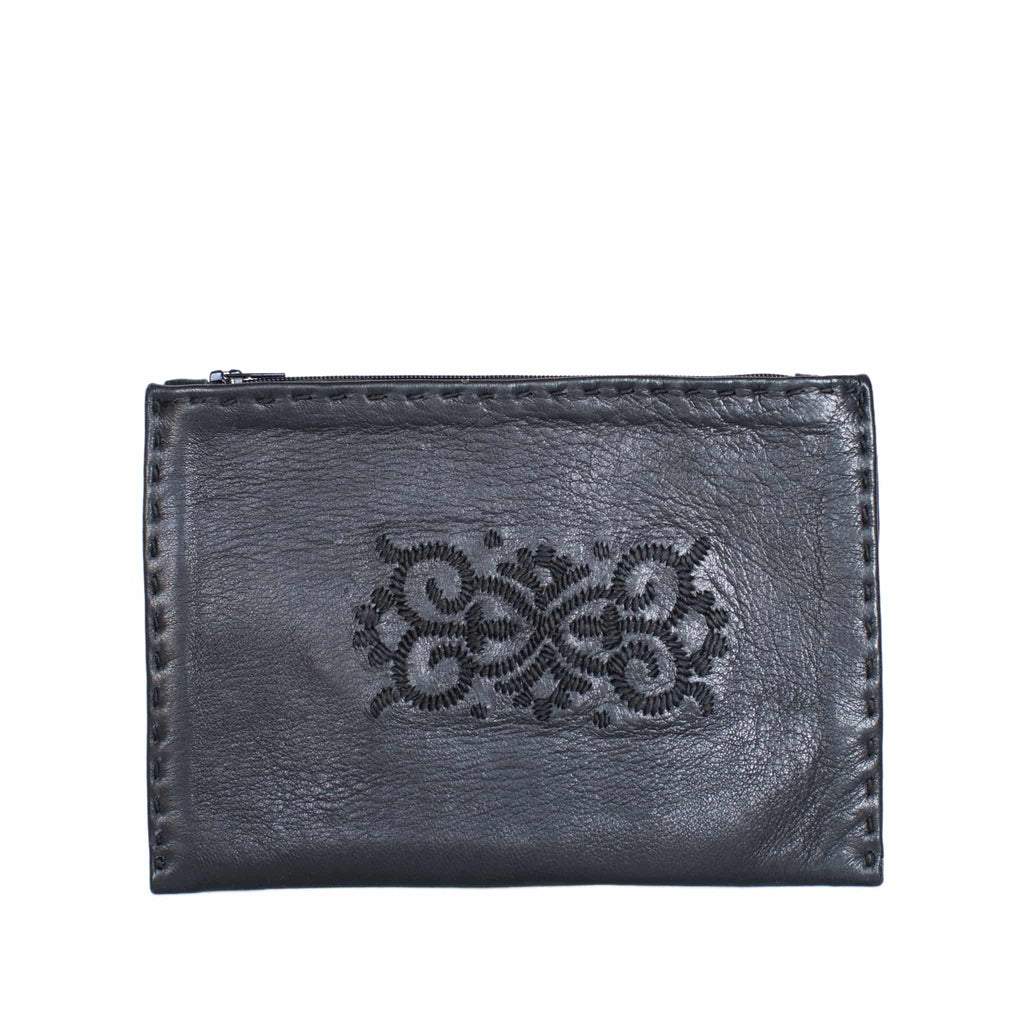 Black Embroidered Leather Pouch - wallet for coins from Morocco 