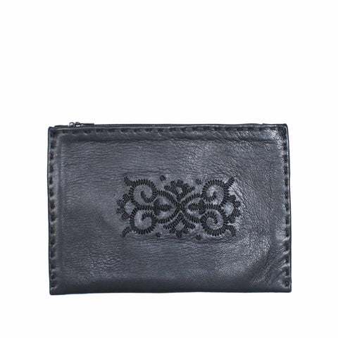 Embroidered Leather Pouch in White, Green