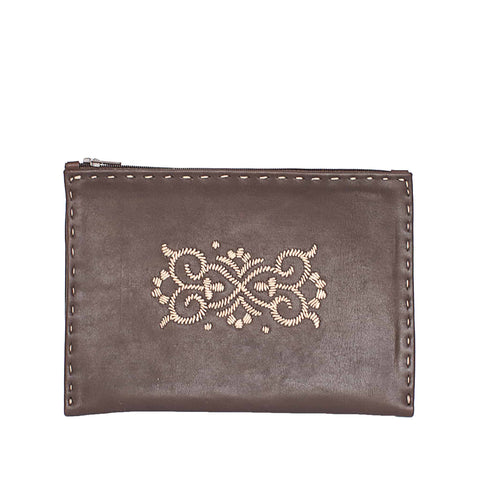 Embroidered Leather Pouch in Dark Blue, Pink