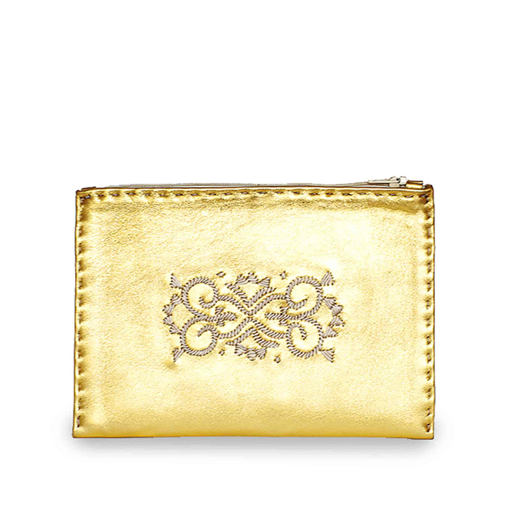 Golden Embroidered Leather Pouch handmade sustainable product front