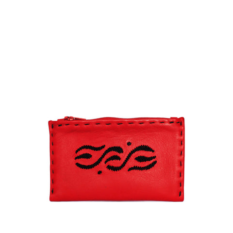 Embroidered Leather Clutch Bag in Red, Dark Red